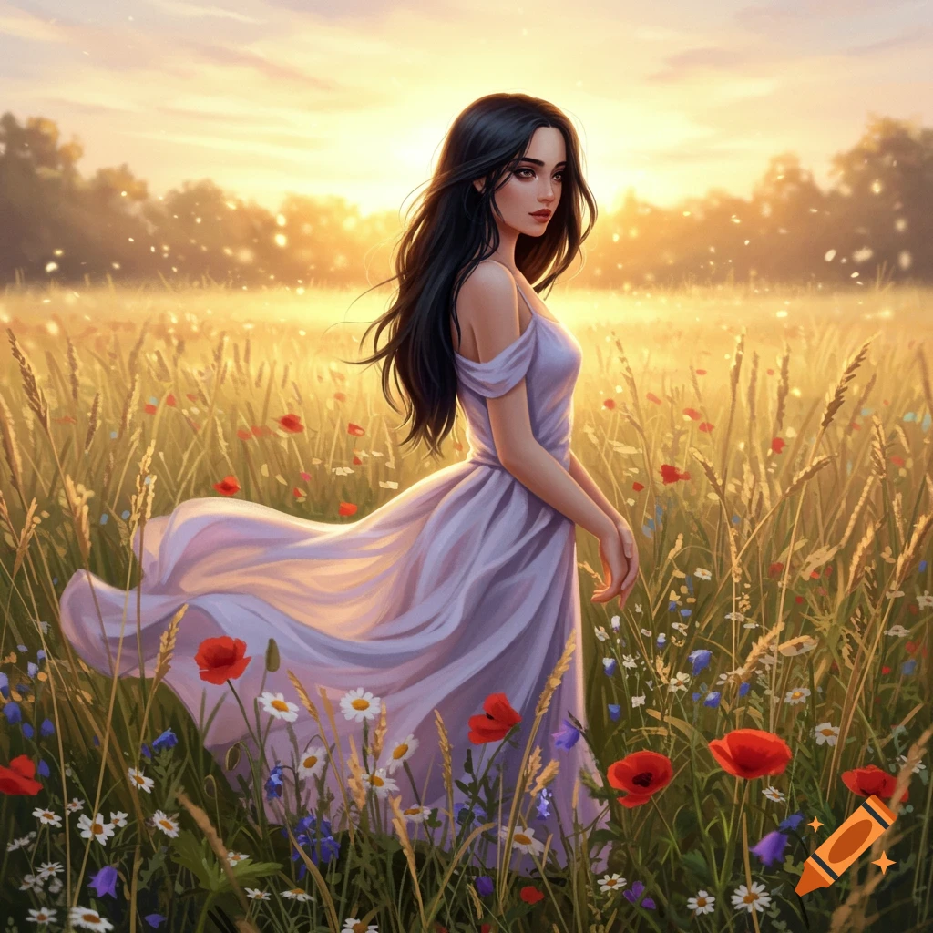 A beautiful woman with long dark hair in a flowing purple dress stands in a golden wheat field with red poppies at sunset, digital art.