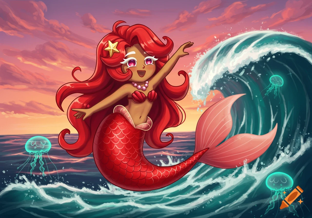 A cartoon mermaid with red hair and a red tail swims in the ocean with jellyfish at sunset, in the style of Cookie Run.