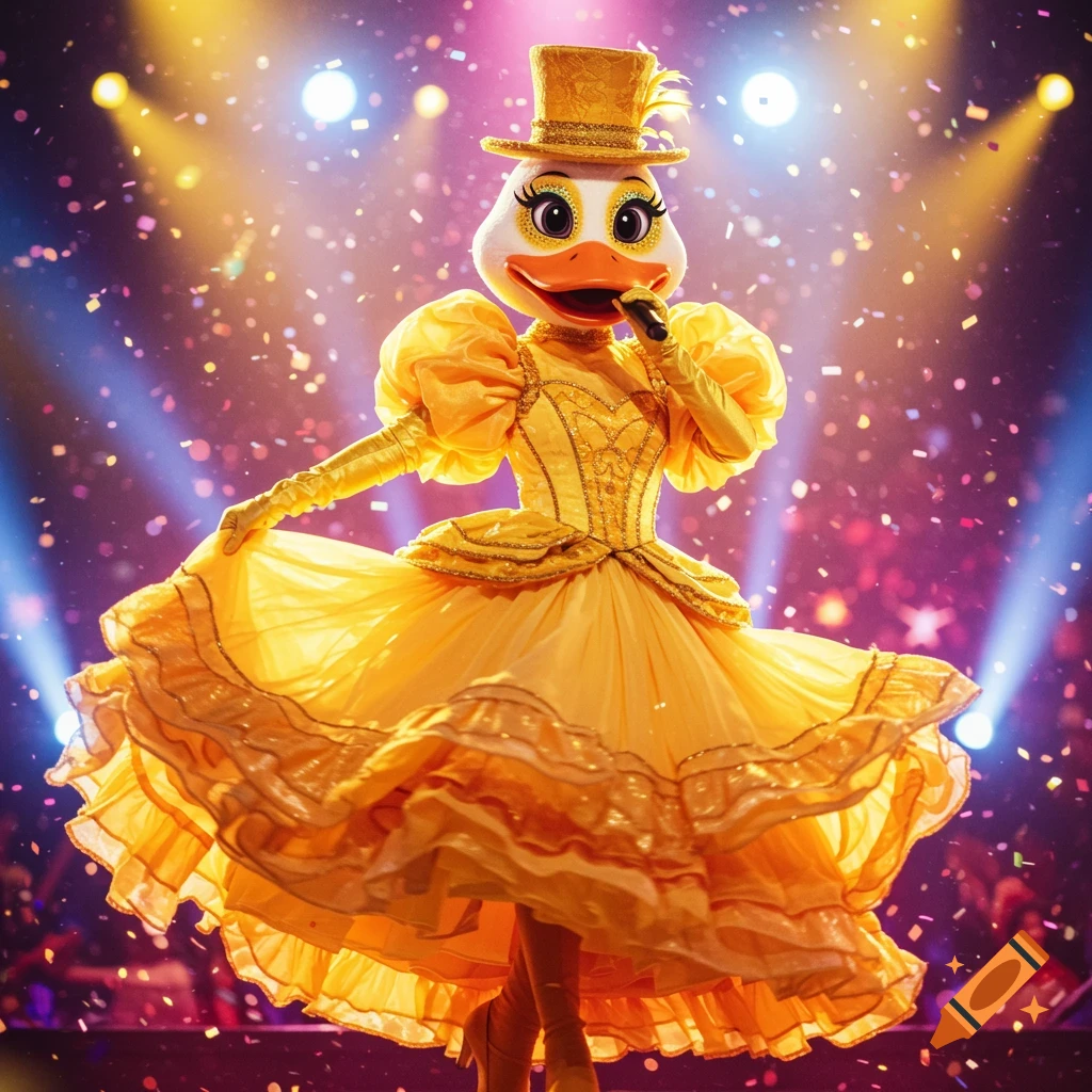 A character in a yellow duck costume with a top hat sings on a brightly lit stage with confetti falling.
