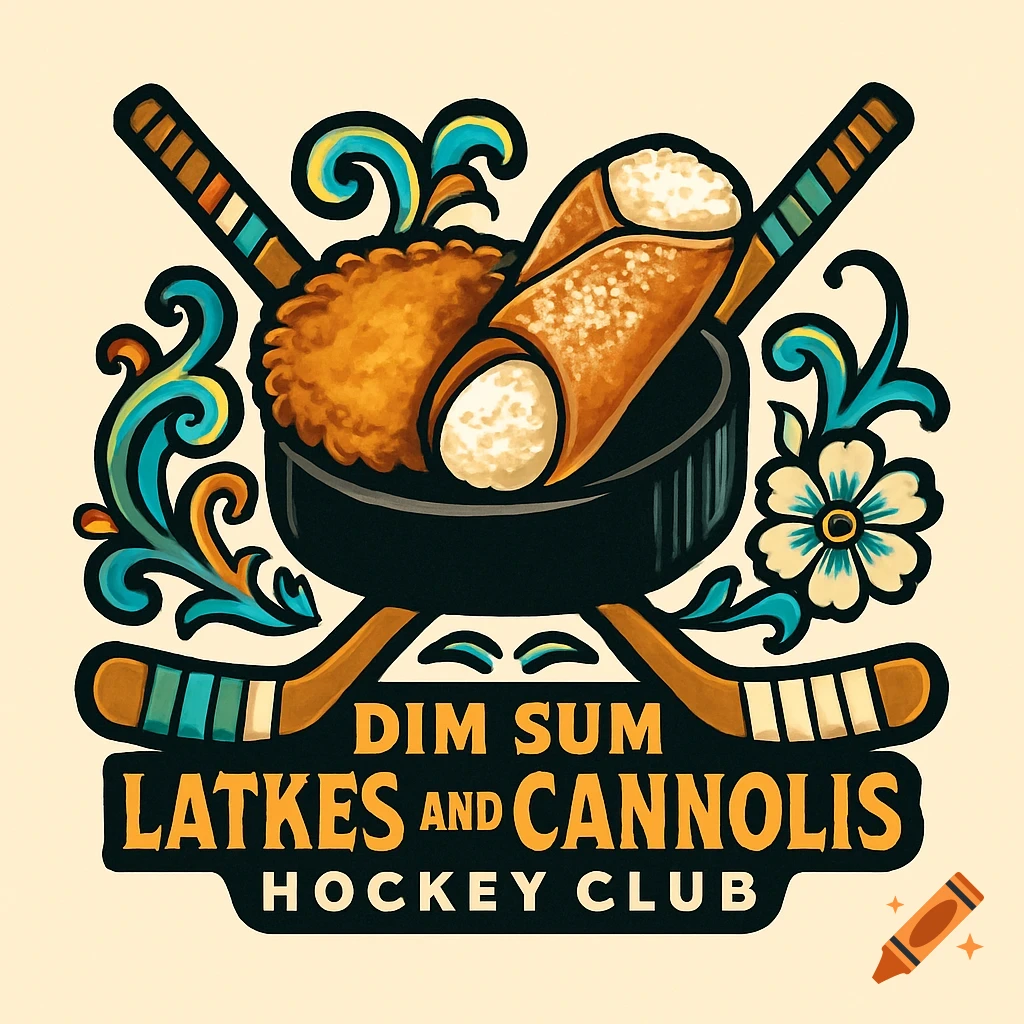 A logo featuring crossed hockey sticks, a puck, a latke, and two cannolis, with the text 'DIM SUM LATKES AND CANNOLIS HOCKEY CLUB'.