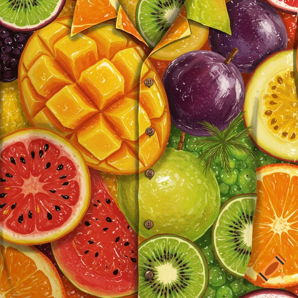 Close-up of a photo-realistic Hawaiian shirt pattern made from vibrant, glossy tropical fruits like mango, watermelon, kiwi, and passion fruit.