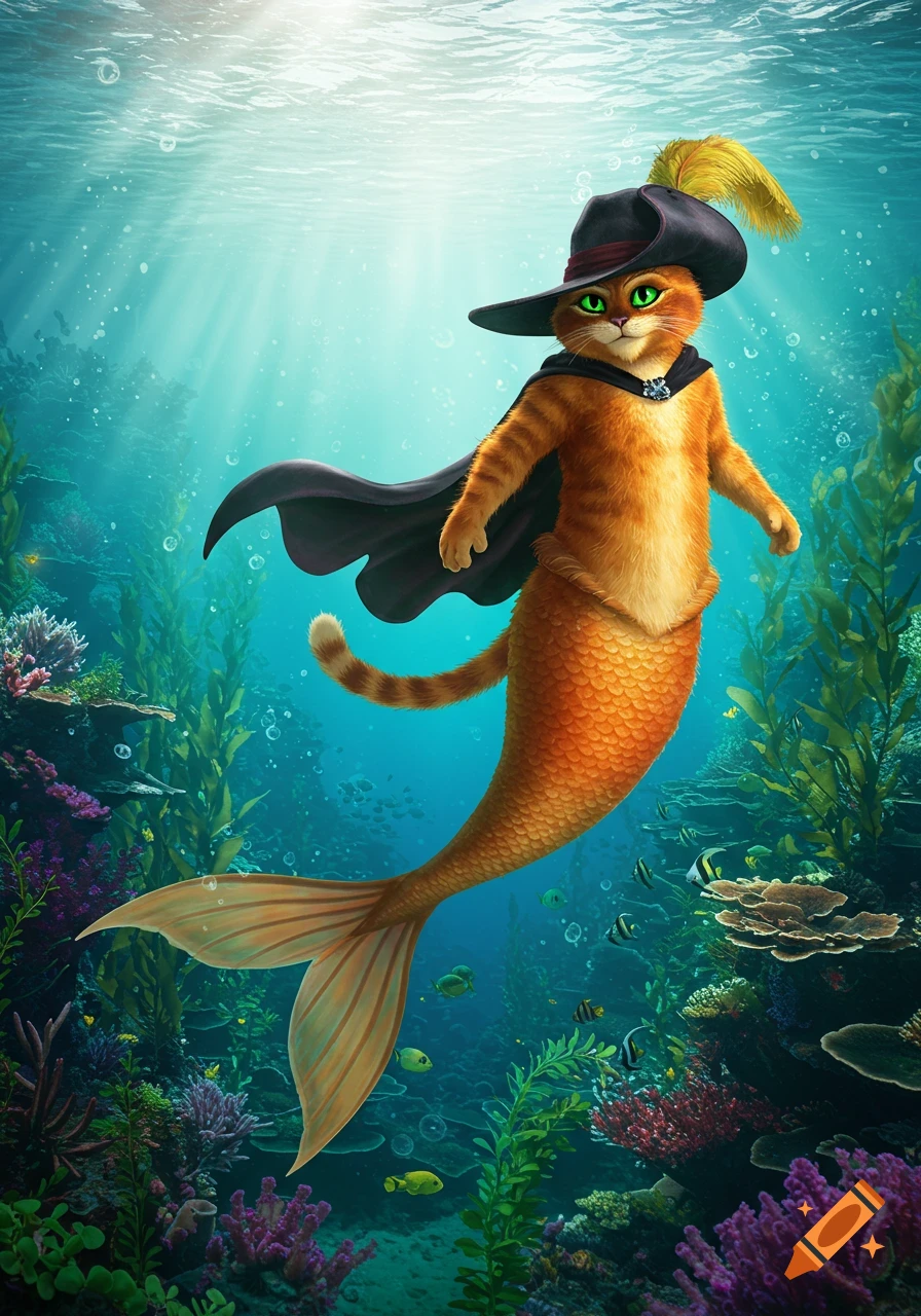 Puss in Boots with a black hat, cape, and orange striped mermaid tail swims underwater among coral and seaweed.