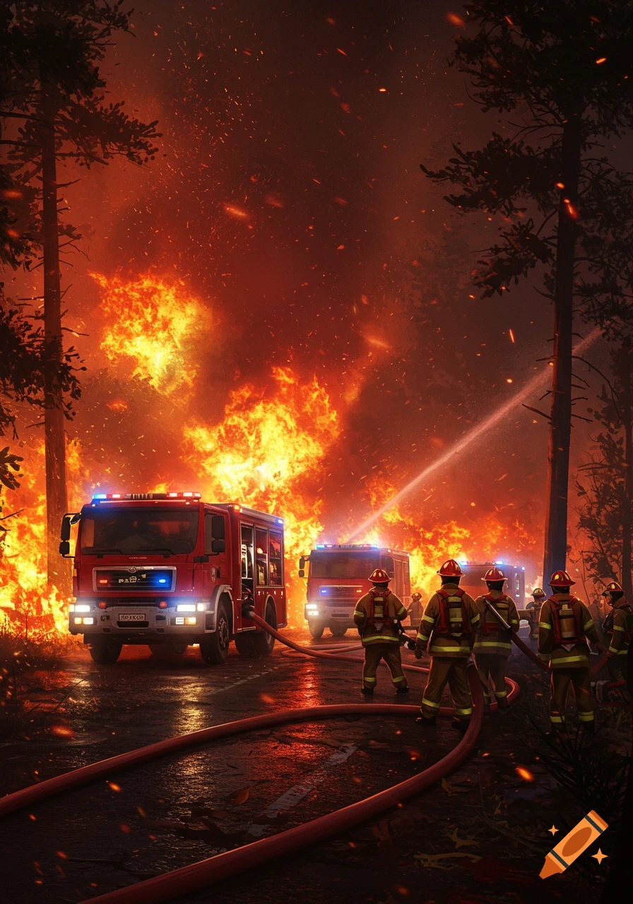 Photorealistic image of firefighters battling a raging wildfire with fire trucks, hoses, and bright flames.