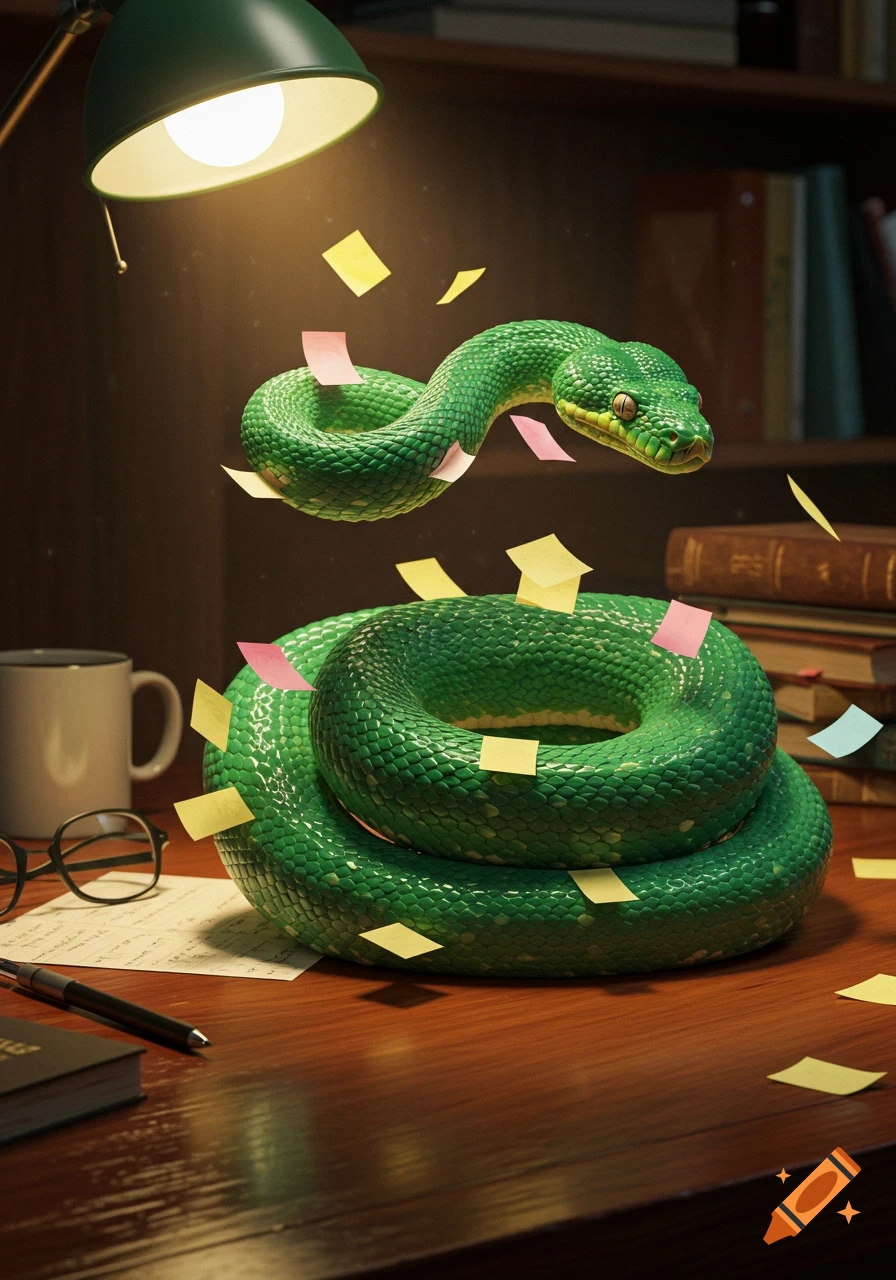 A vibrant green snake coiled on a wooden desk, surrounded by colorful post-it notes, under the light of a desk lamp.