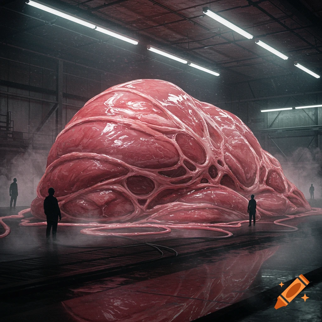 A massive, glistening, red, organic blob fills a dimly lit industrial warehouse, with small silhouetted figures standing nearby.