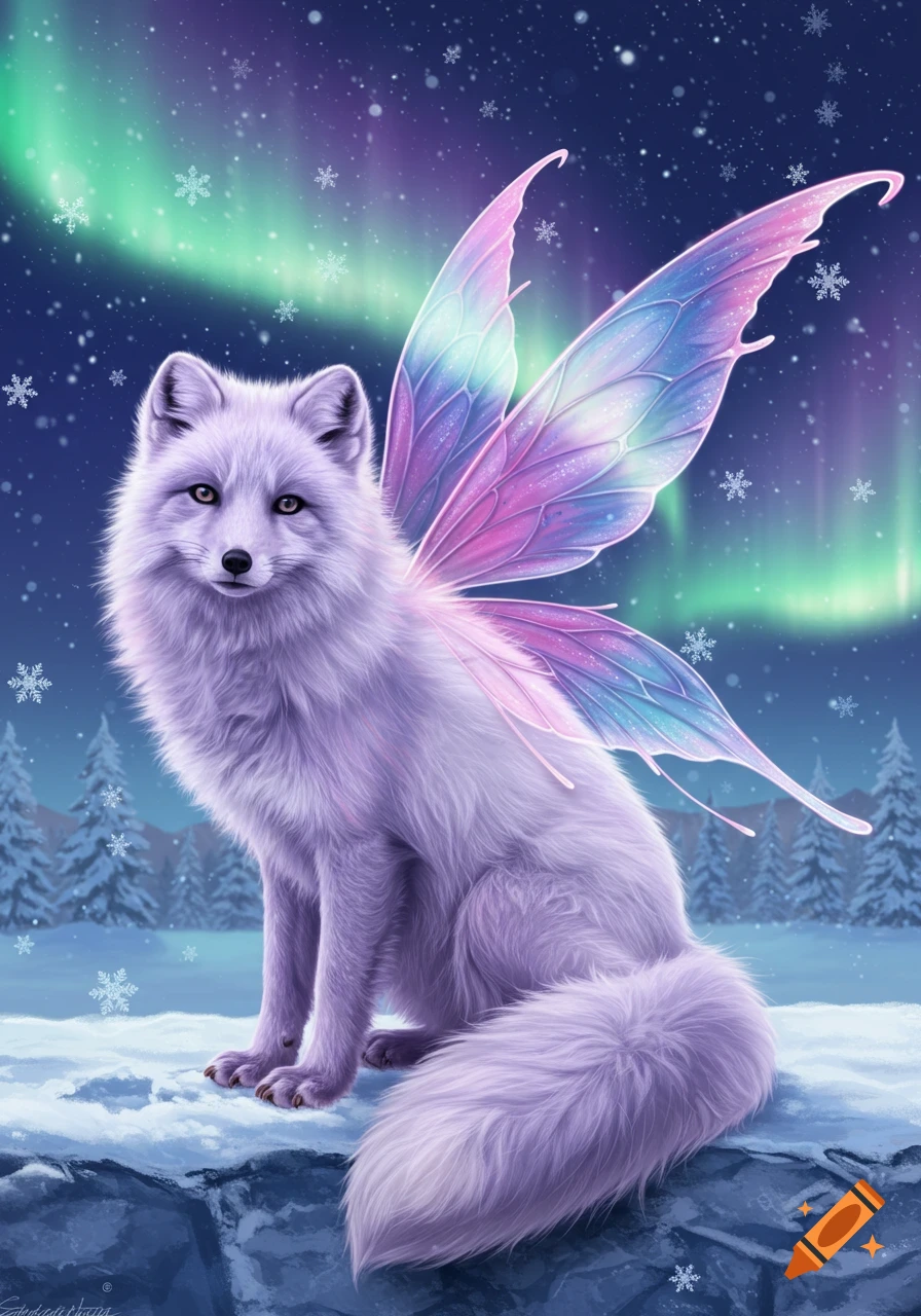 A lavender arctic fox with iridescent pink and blue fairy wings sits in snow under a starry night with an aurora borealis.
