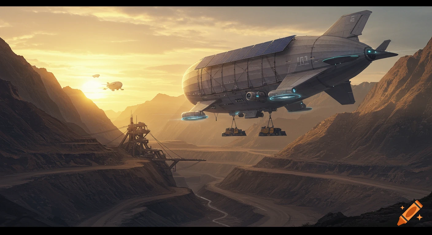 A futuristic cargo zeppelin hovers over a rugged mining landscape at sunset, unloading heavy machinery. Photorealistic style.