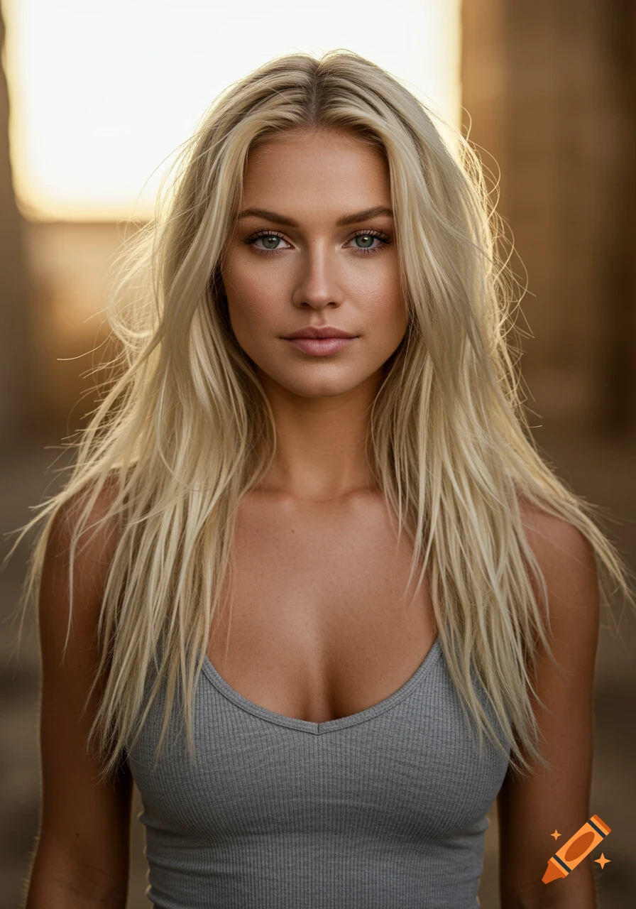 Photorealistic portrait of a blonde woman in a grey tank top.