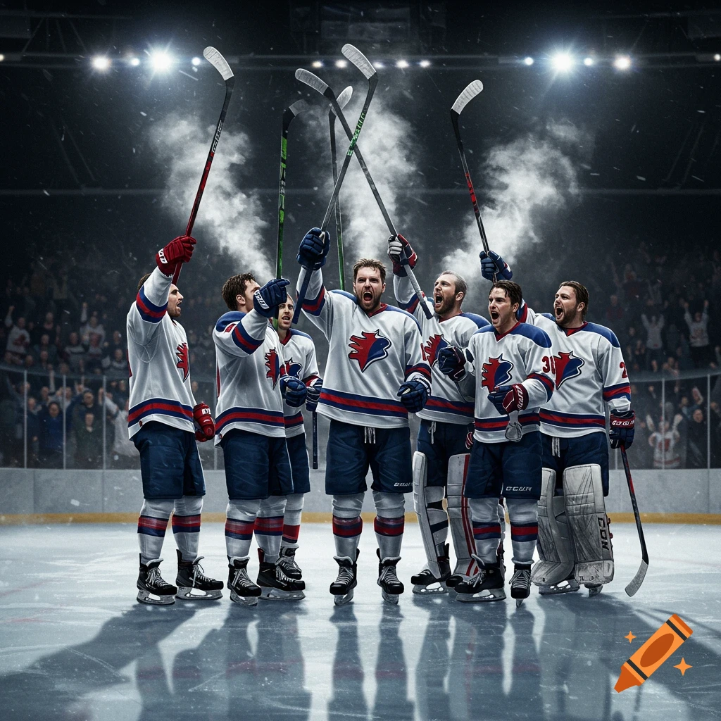 A victorious hockey team stands on the ice, raising their sticks in the air, with spotlights shining down and a crowd blurred in the background.