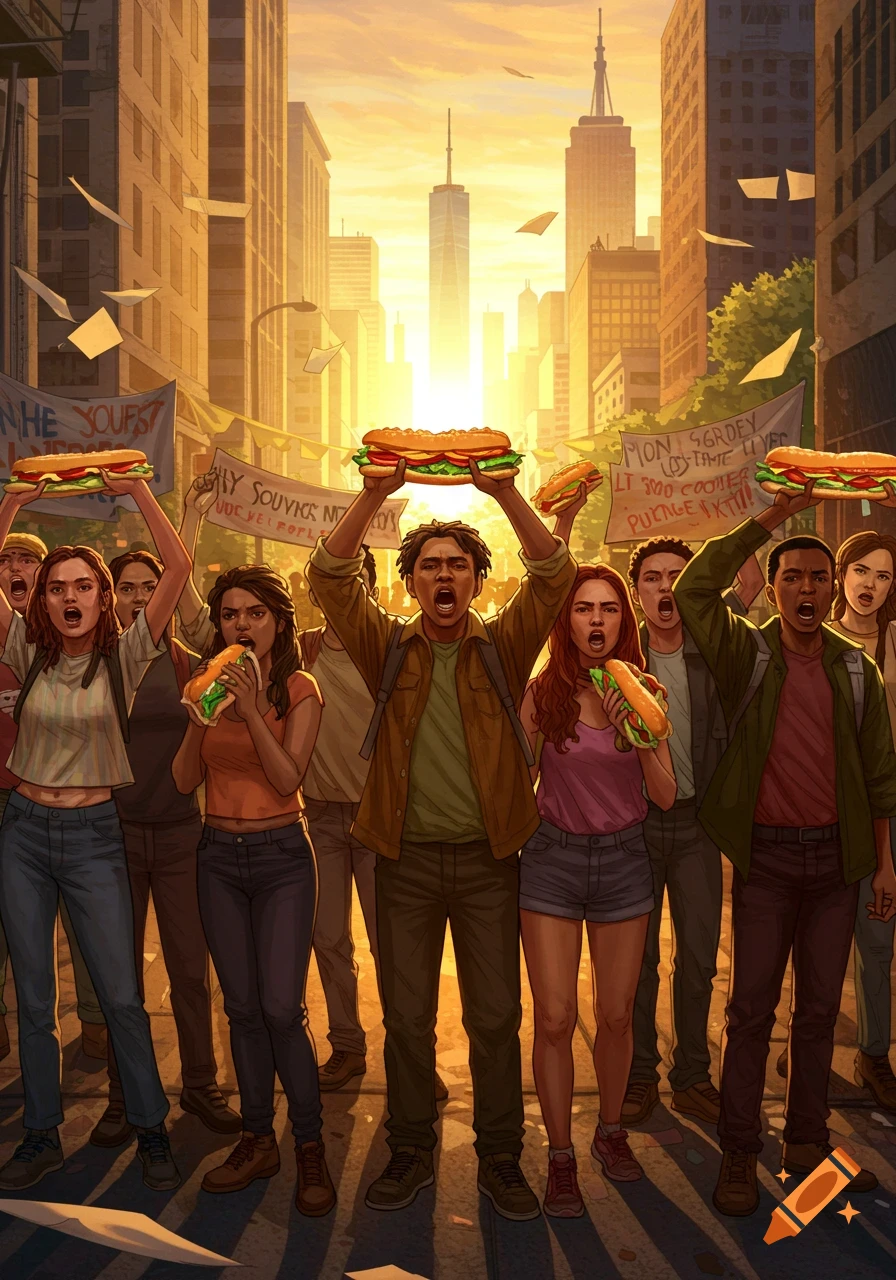 A crowd of people protests in a city street, holding up large submarine sandwiches. The sun sets behind skyscrapers.
