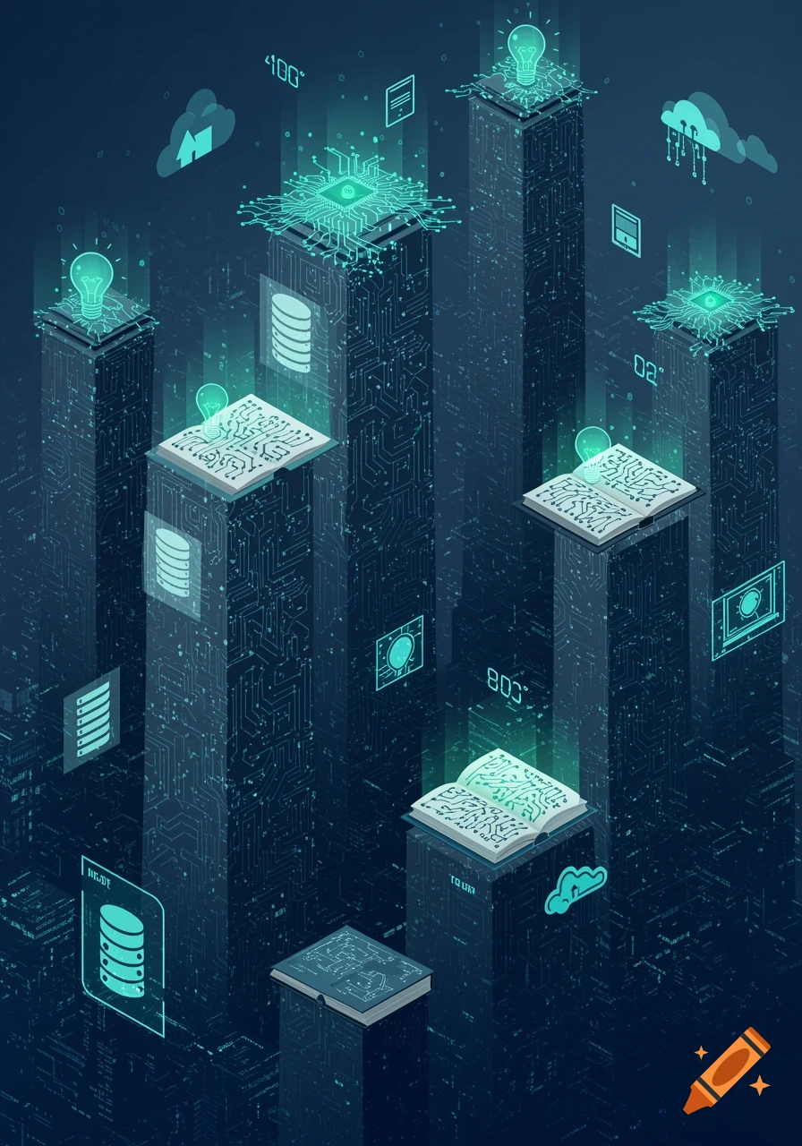 Abstract digital cityscape with circuit board patterns, data icons, and glowing lightbulbs.