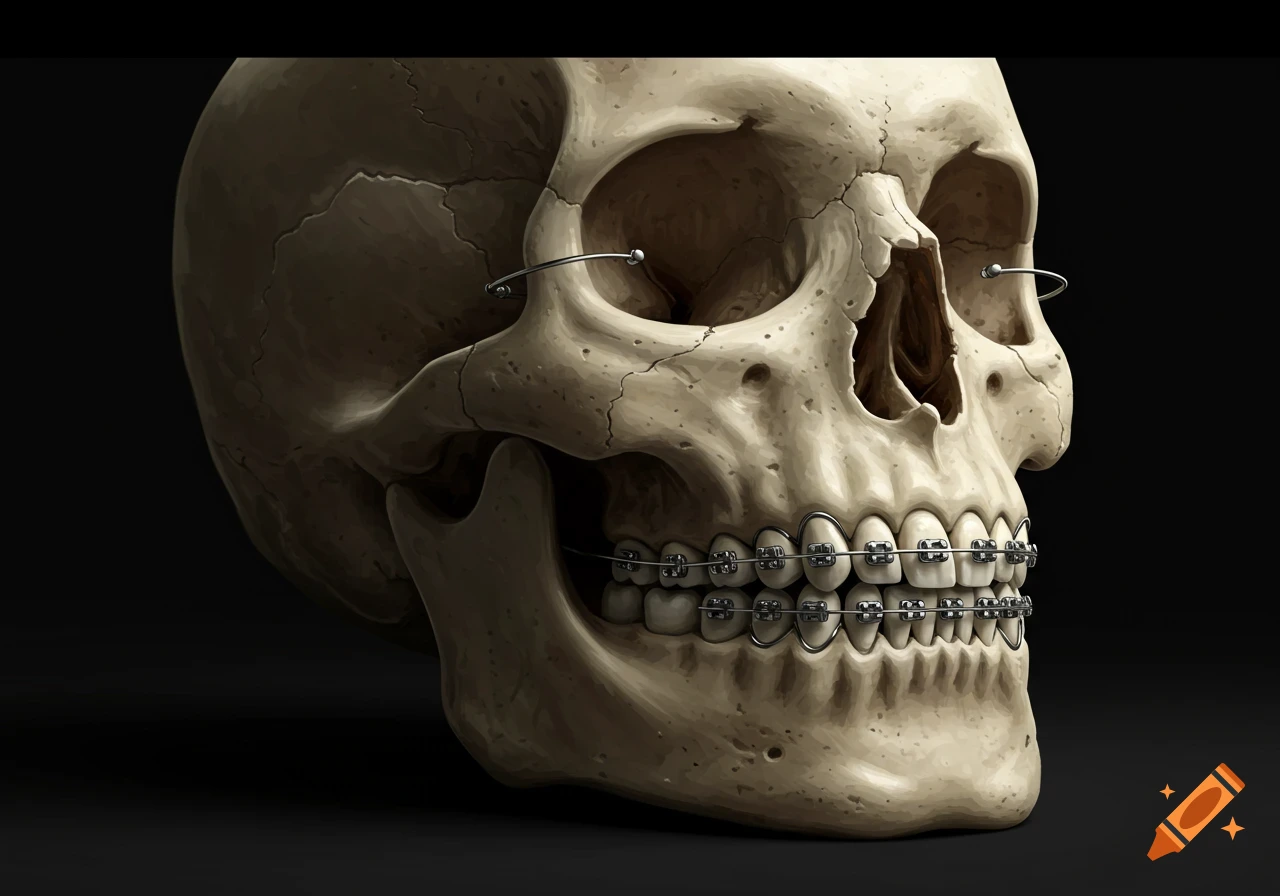 Close-up of a human skull wearing metal dental braces against a dark background in a realistic rendering style.