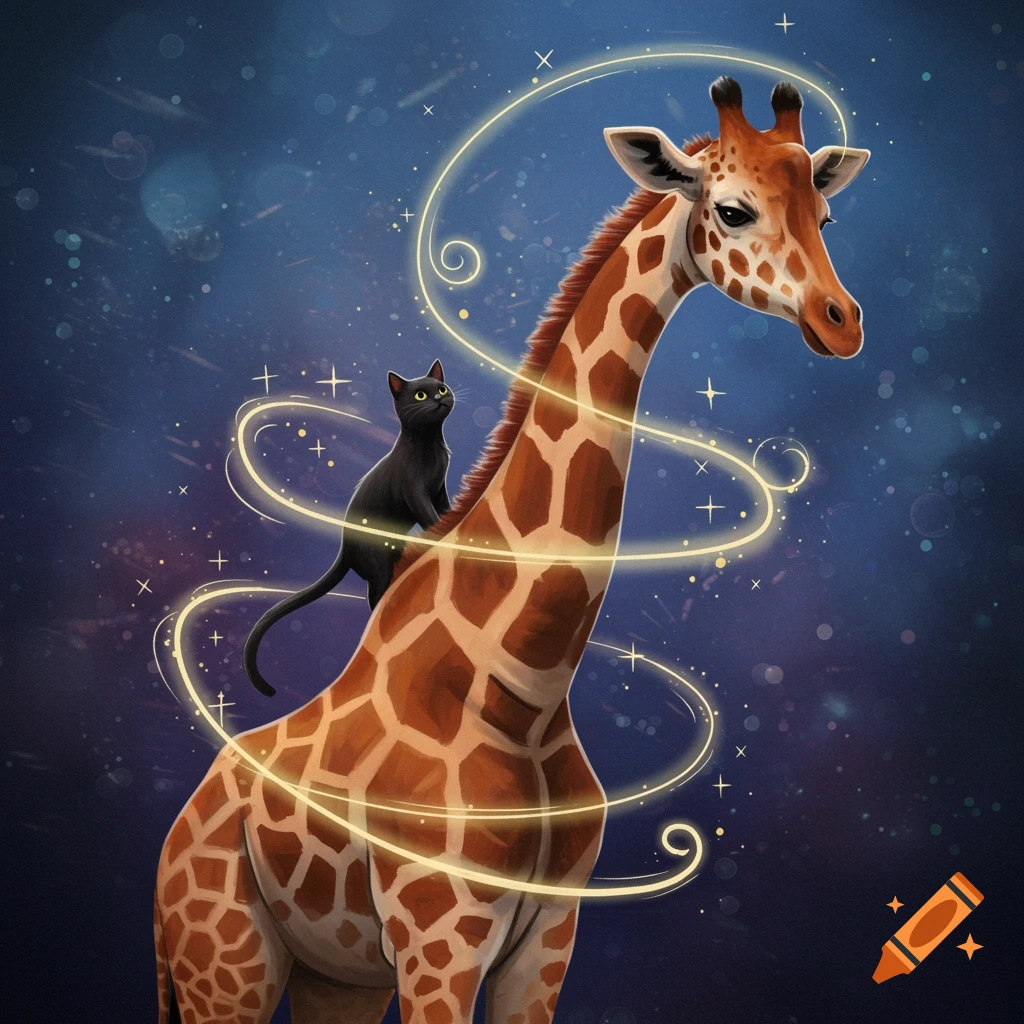 A black cat rides on the back of a giraffe, surrounded by glowing golden mystical swirls and stars against a dark blue background.
