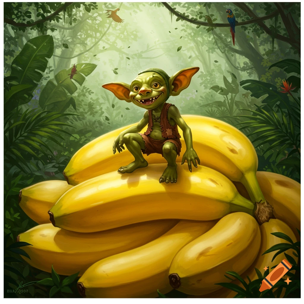 A green goblin with large ears and a wide grin squats on a large pile of ripe yellow bananas in a lush jungle setting.