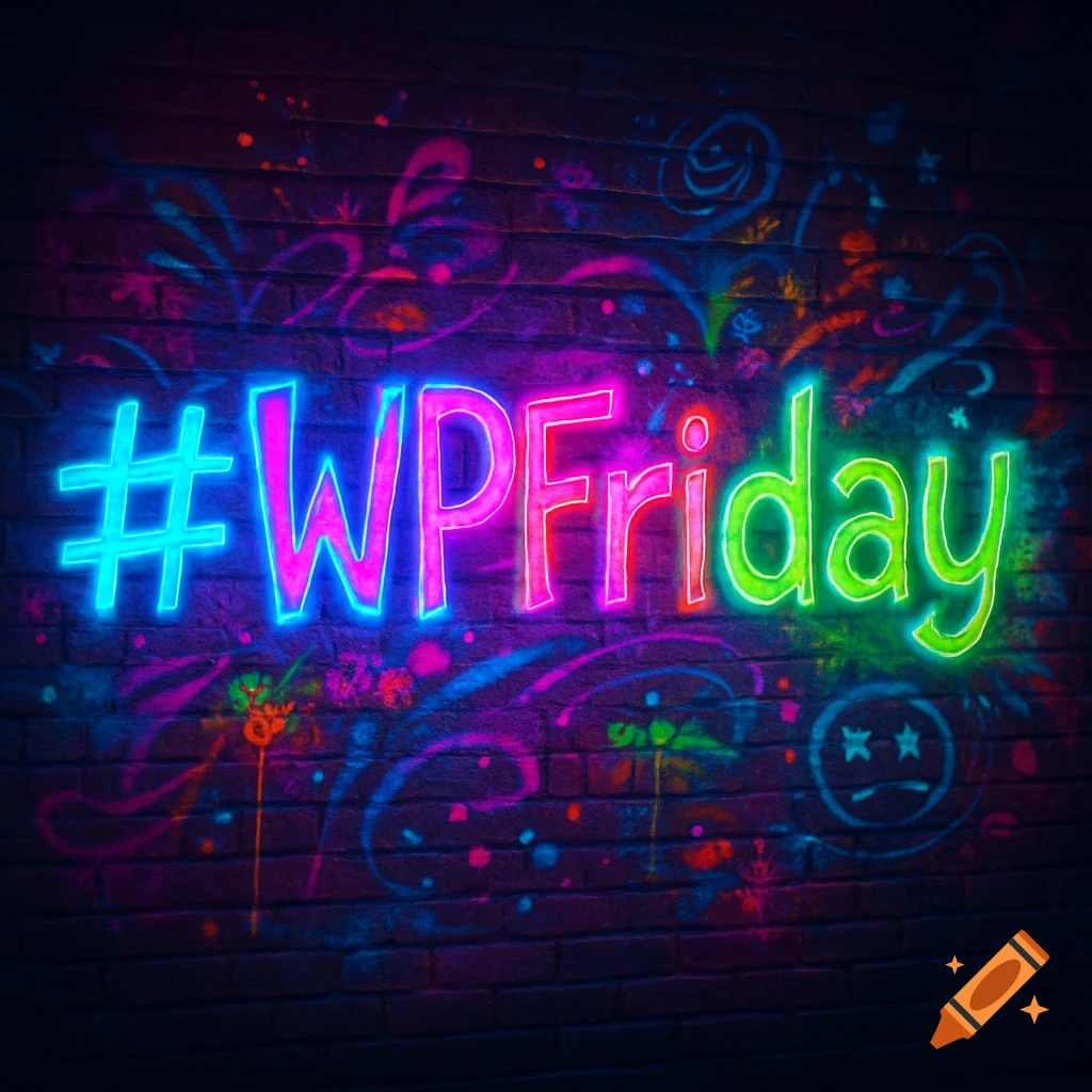 Bright neon sign displaying '#WPFriday' on a dark brick wall covered in colorful graffiti.