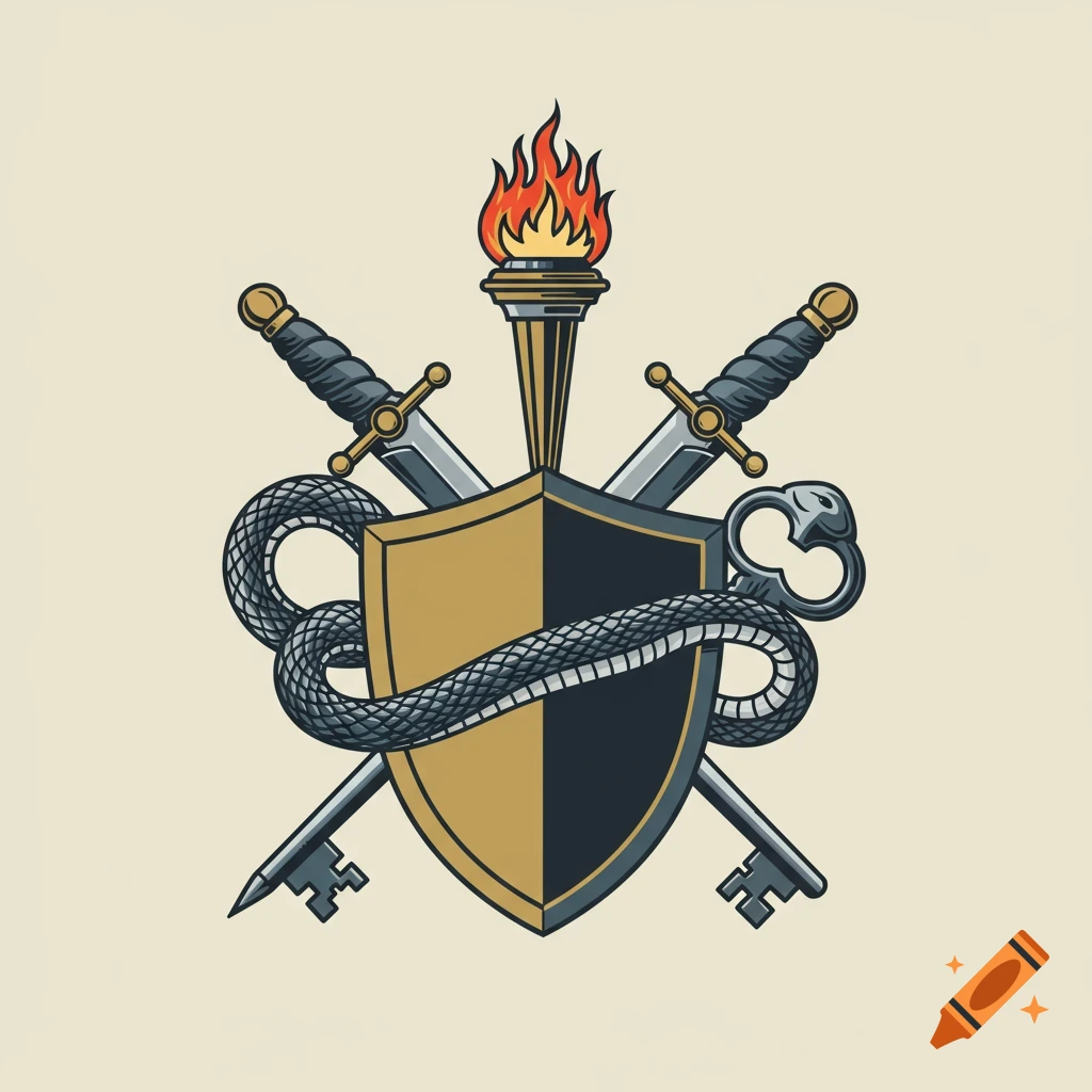 A heraldic emblem featuring a gold and black shield, crossed swords, a burning torch, a snake, and crossed keys.
