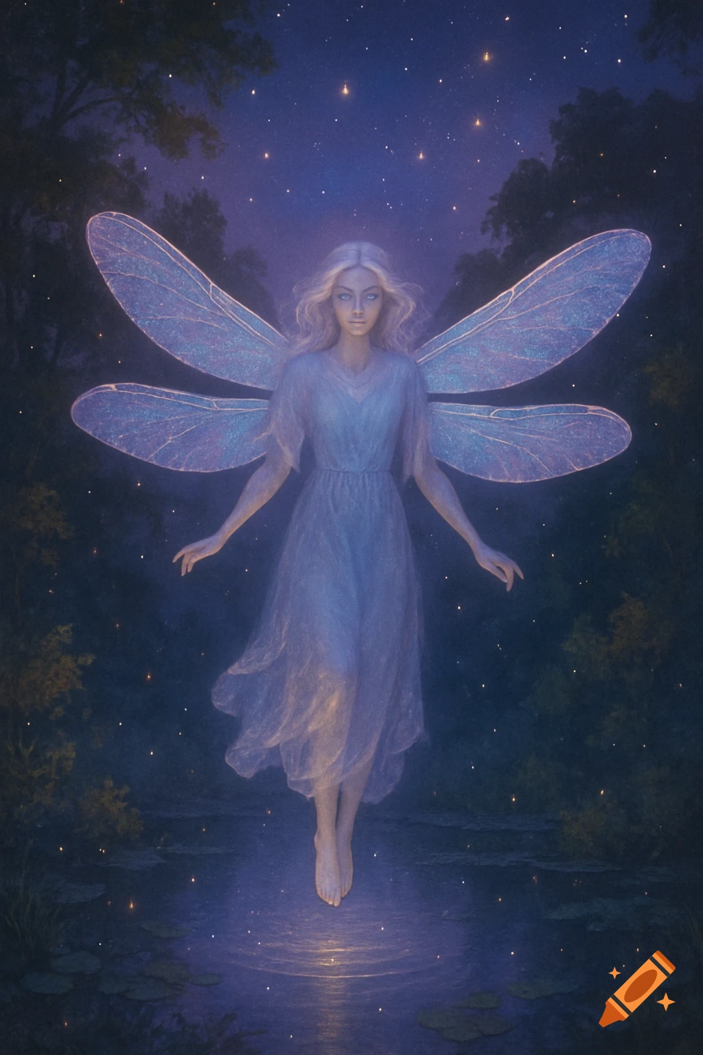 A mystical fairy with shimmering wings floats above a glowing pond in a dark, star-lit forest.