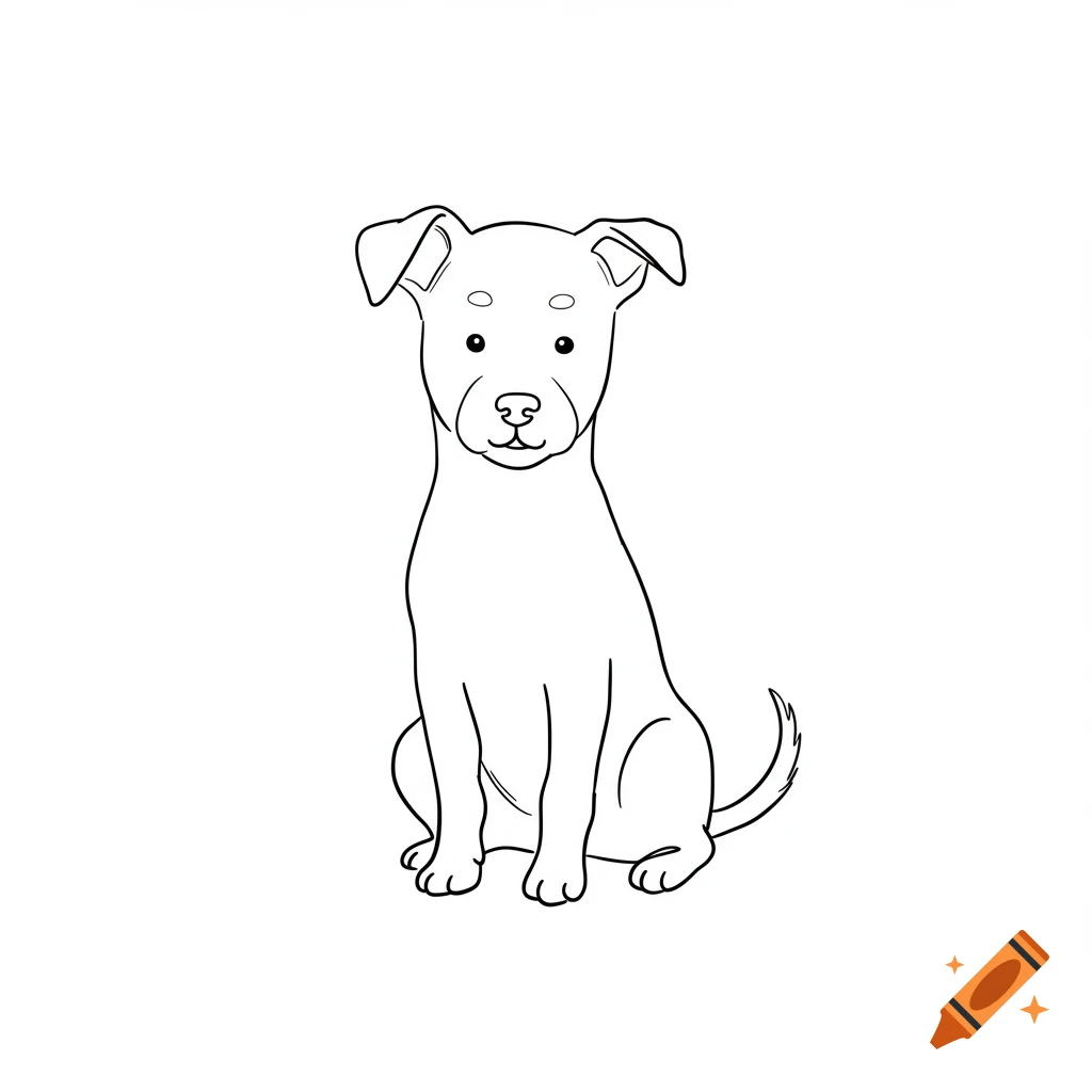 A simple black and white line drawing of a puppy sitting.