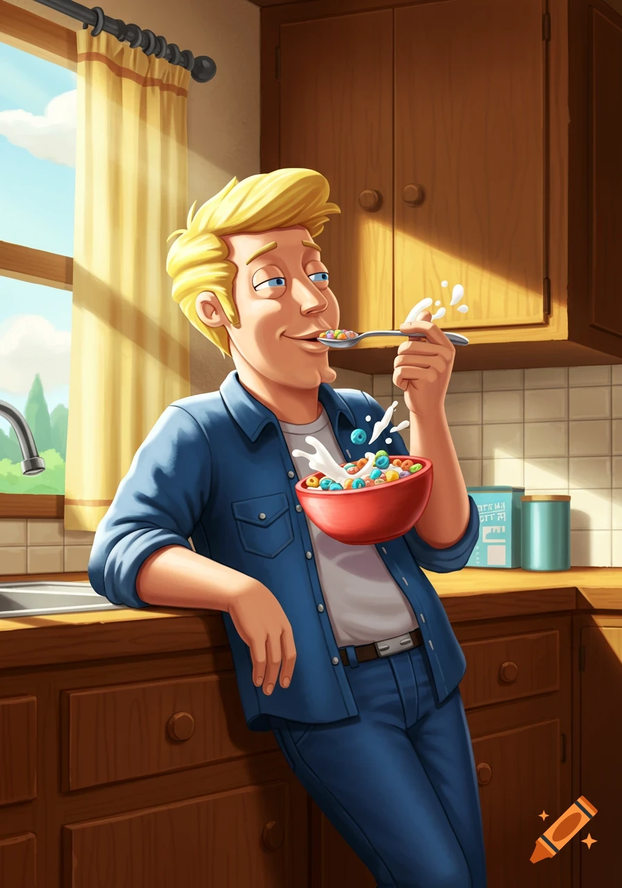 A cartoon man with blonde hair eats cereal from a red bowl in a sunlit kitchen.