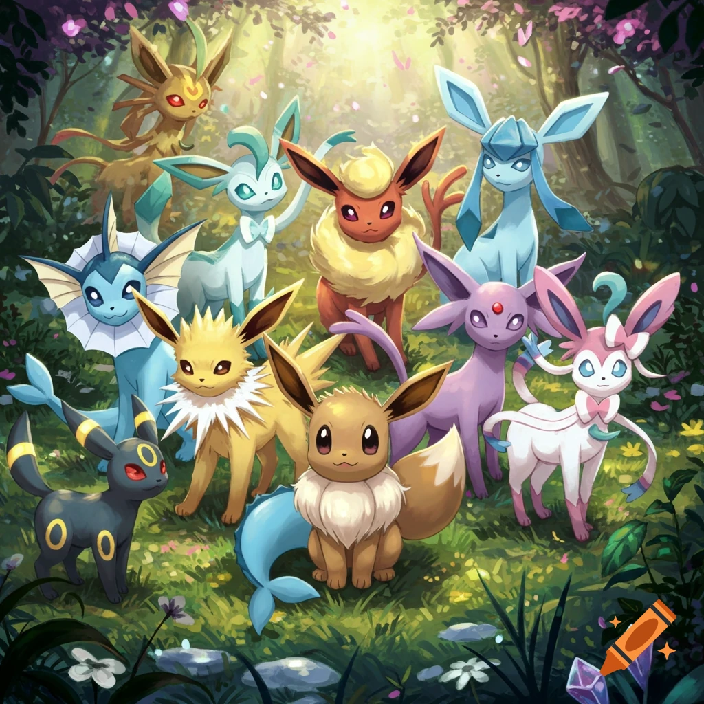 Eevee and its various evolutions are gathered in a lush, magical forest with light filtering through the trees, in an illustrative style.
