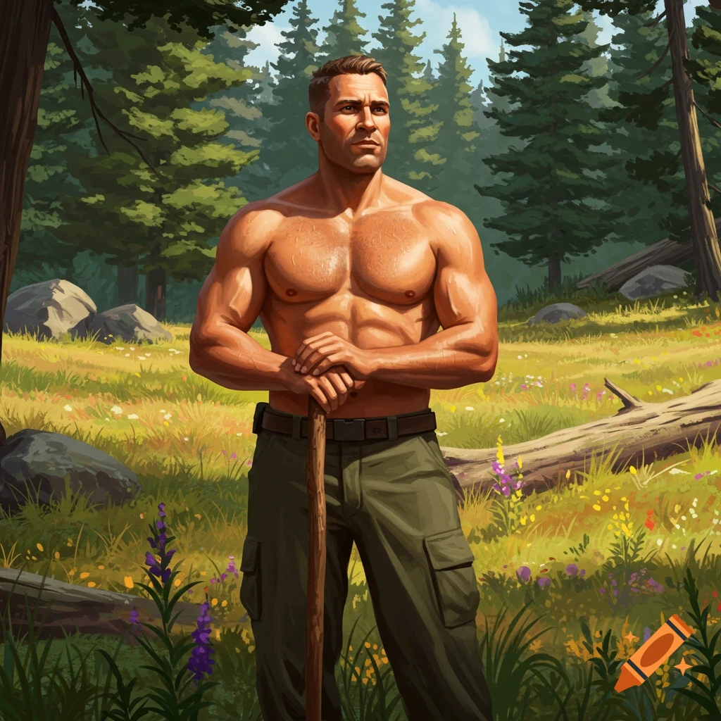 Muscular shirtless man holding a staff in a sunlit forest clearing with wildflowers, in a stylized illustration.