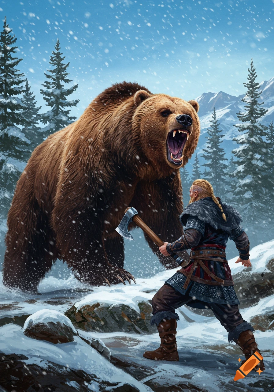 A viking warrior with an axe faces a roaring grizzly bear in a snowy mountain landscape.