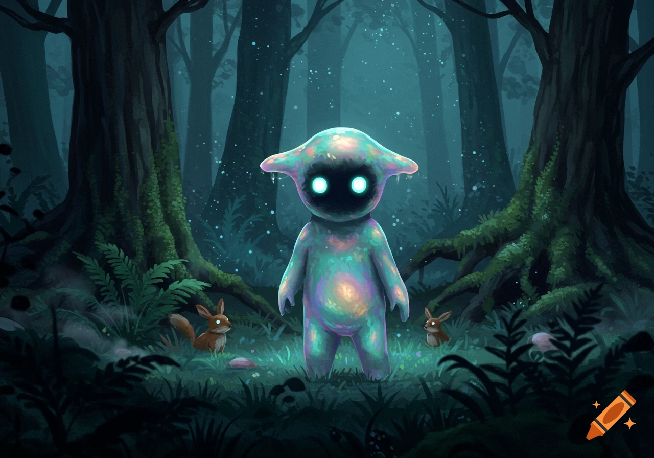 A glowing spider-like creature with a large, translucent head stands in ...