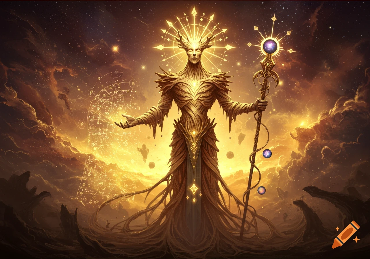 A divine, antlered being made of woven roots stands in a golden cosmic landscape, holding a glowing staff and radiating light.
