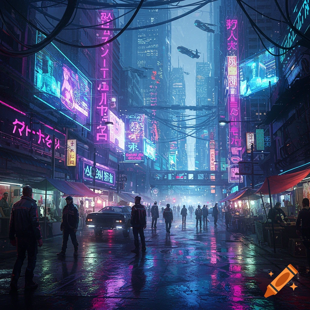A dark, wet cyberpunk city street glows with neon blue and pink signs. People walk along the street, past market stalls and a car. Flying vehicles are visible in the sky above tall buildings.