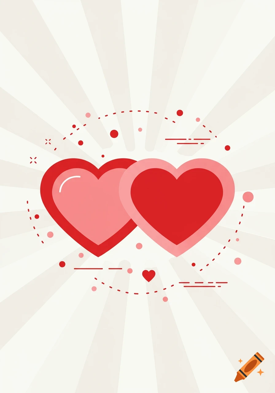 Two overlapping red and pink hearts surrounded by decorative dashed lines and dots on a light radiating background.