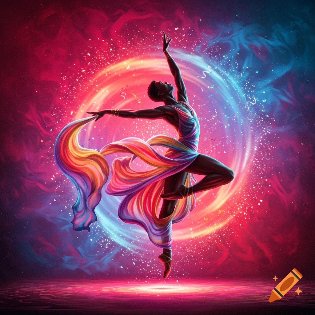 A stylized dancer in a flowing, rainbow-colored dress strikes a dynamic pose against a vibrant swirling background of pink, red, and blue light with sparkling particles.