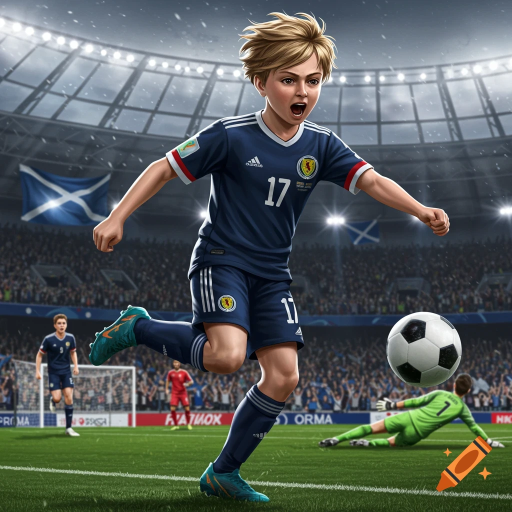 A blond boy in a navy blue Scottish soccer jersey with number 17, scoring a goal in a stadium with a diving goalie.