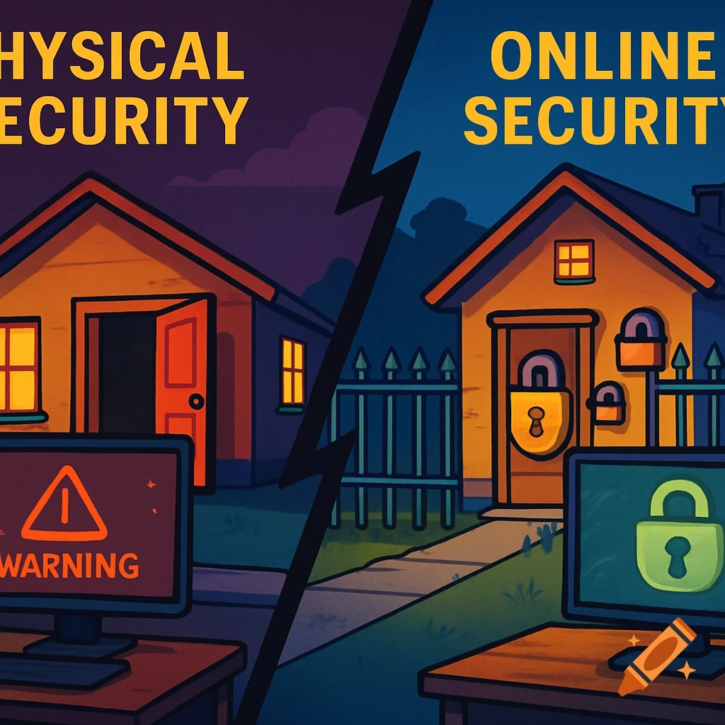 Cartoon split image showing physical and online security. Left: open house, no fence, computer with 'WARNING'. Right: locked house, fence, locks, computer with padlock. Bright, distinct colors.