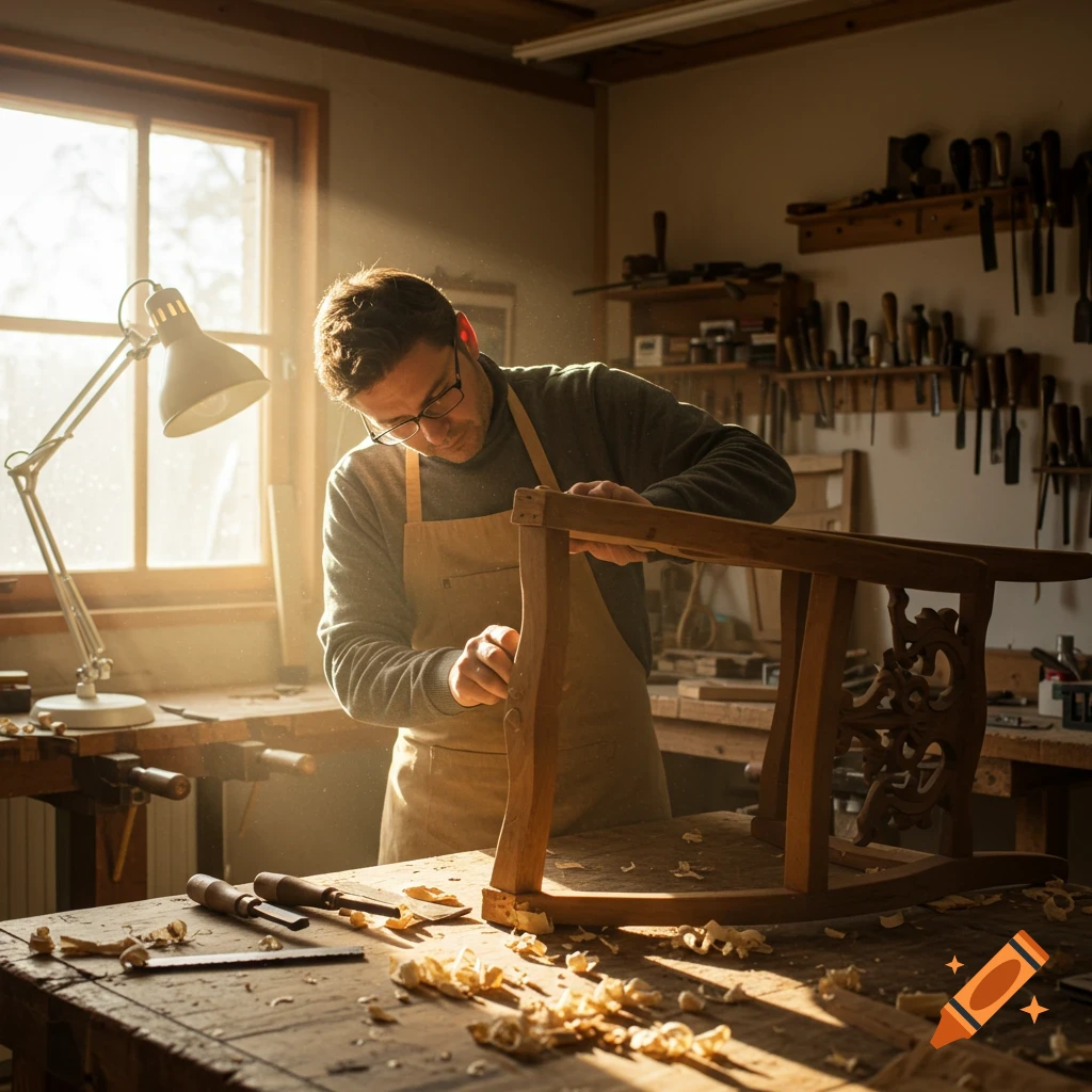 A man in an apron and glasses meticulously sands a wooden chair in a sunlit workshop, surrounded by tools and wood shavings.