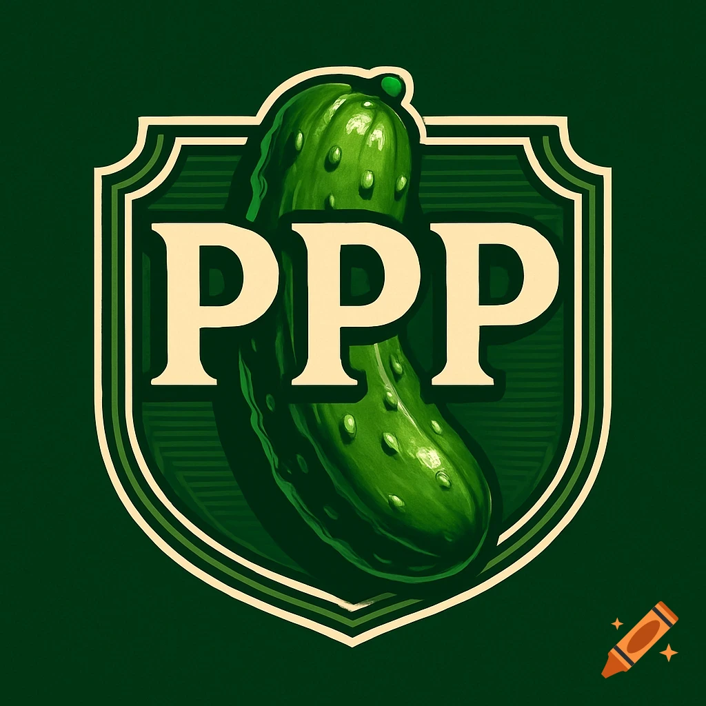 A green political emblem featuring a vibrant green pickle with the large cream letters "PPP" in a bold, professional style.