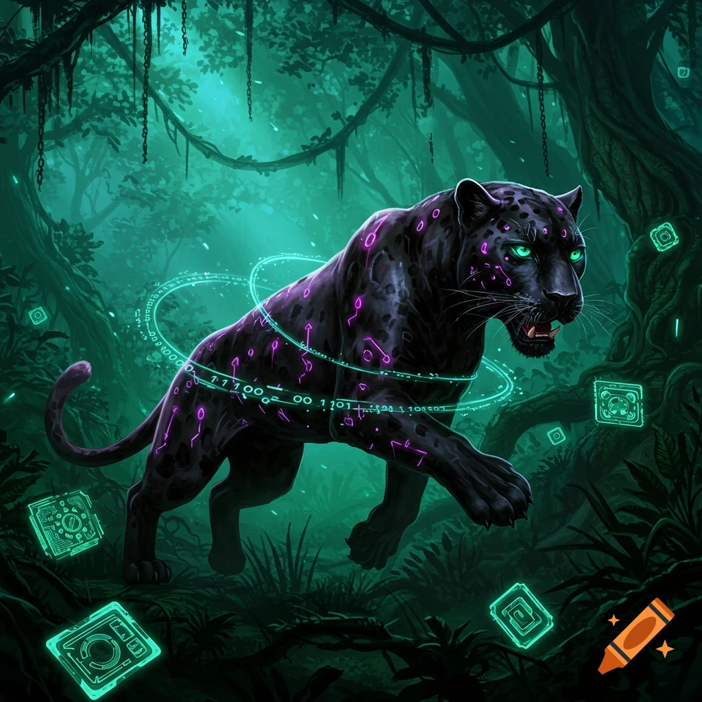 A black panther with glowing purple spots and green eyes, surrounded by swirling neon green digital code rings and floating data cubes, in a vibrant, dark jungle.