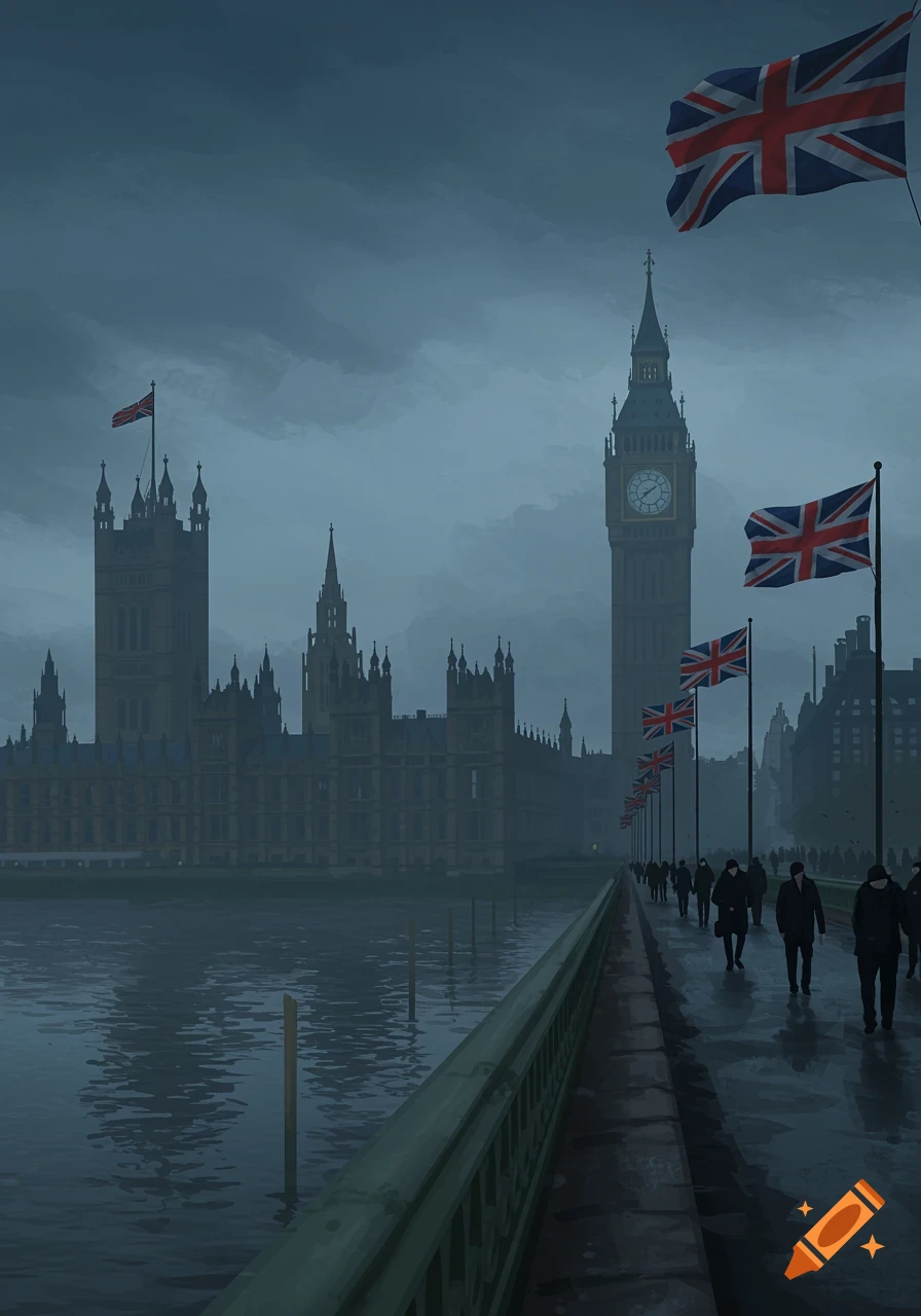 A gloomy digital painting of the Palace of Westminster and Big Ben in London, with Union Jack flags lining a wet bridge with pedestrians.