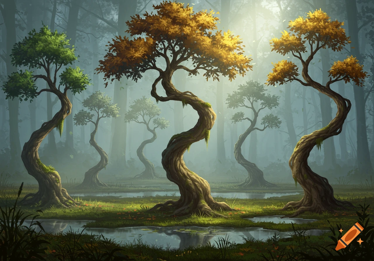 Fantasy landscape of several winding trees with green and gold foliage in a misty forest, reflecting in puddles.