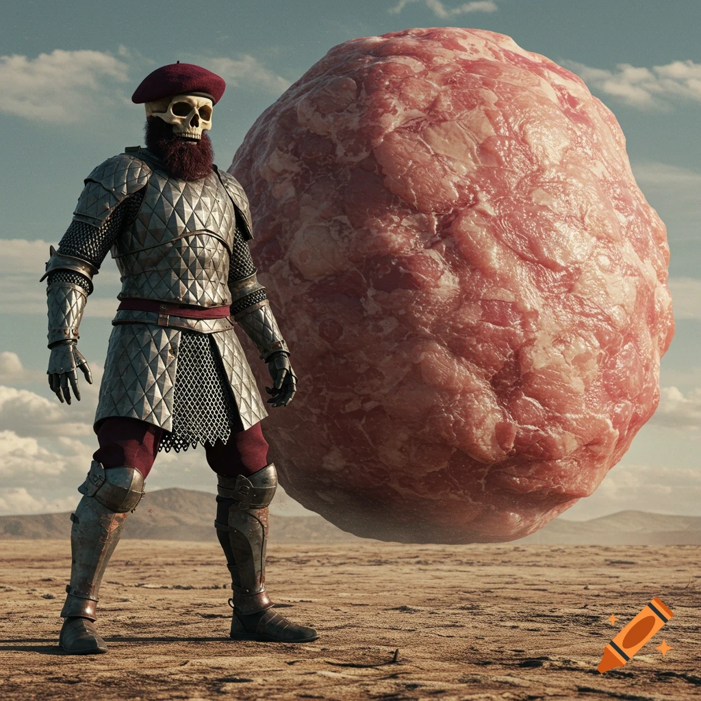 A skull-headed warrior in diamond platemail and a maroon beret stands in a desolate landscape, confronting a colossal, textured meatball.