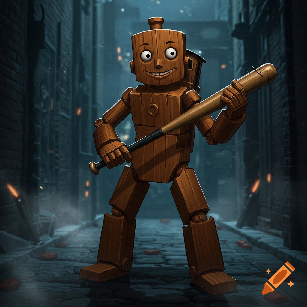 A stylized wooden character with big eyes and a wide smile holds a baseball bat in a dark alley.