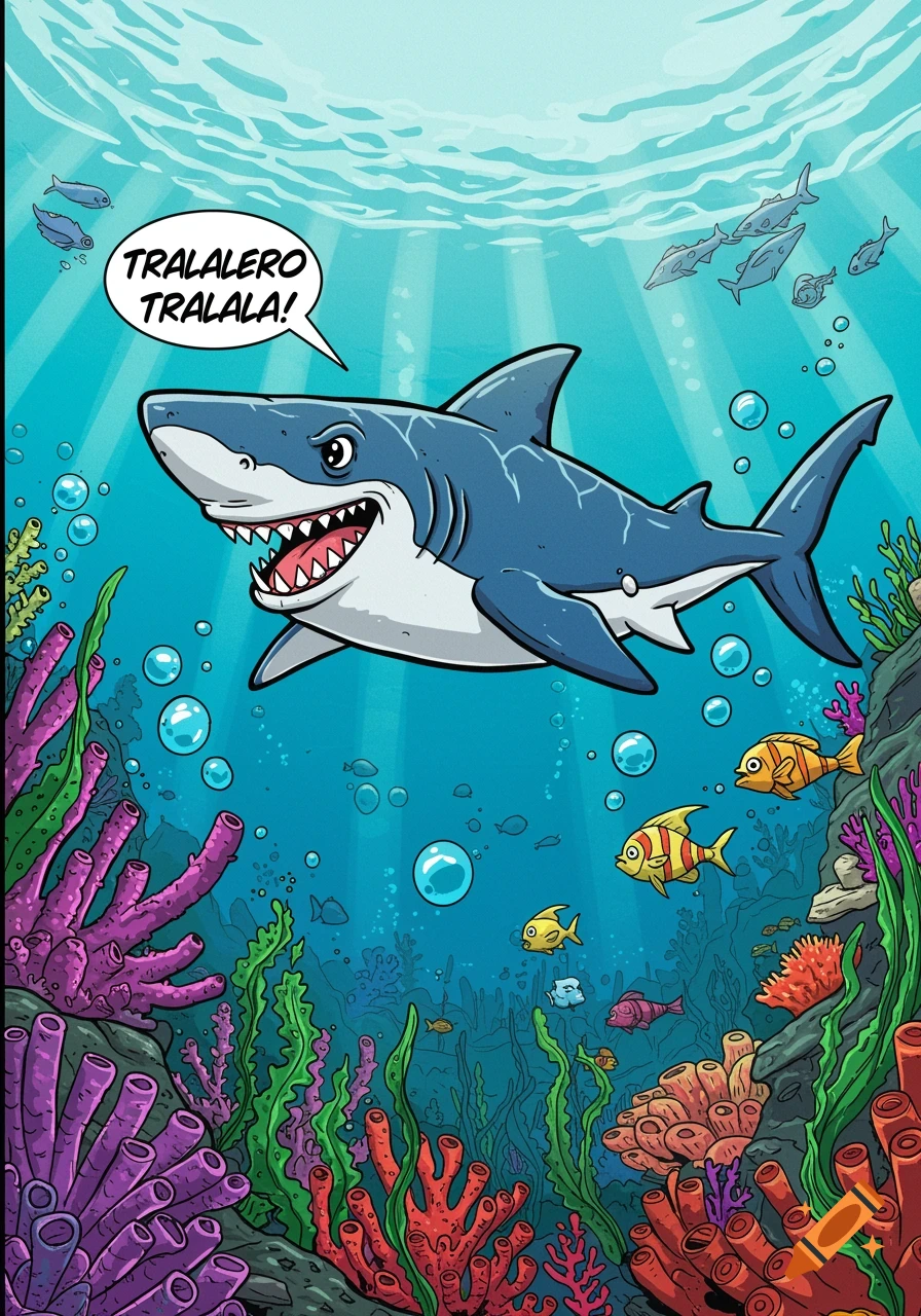 A cheerful, comic-book style shark with a speech bubble saying 'TRALALERO TRALALALA!' swims among colorful coral and fish in a bright underwater scene.