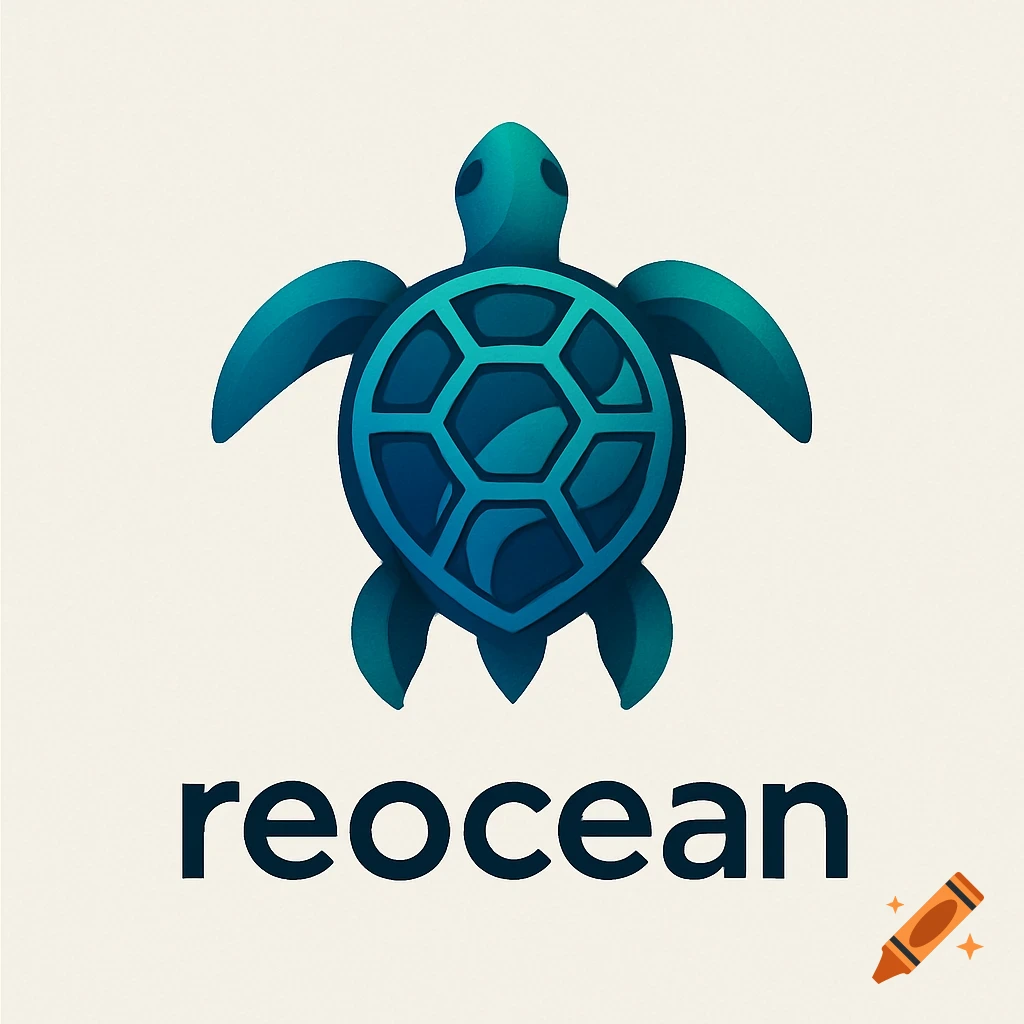 Modern logo of a blue and teal turtle with the word 'reocean' below it.