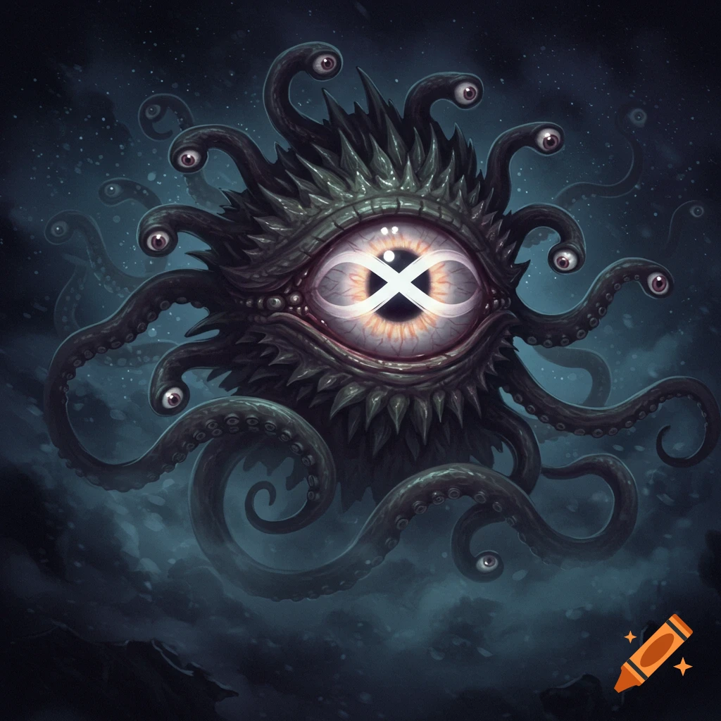 A dark fantasy illustration of a beholder monster with multiple eyestalks and an infinity symbol in its main eye.