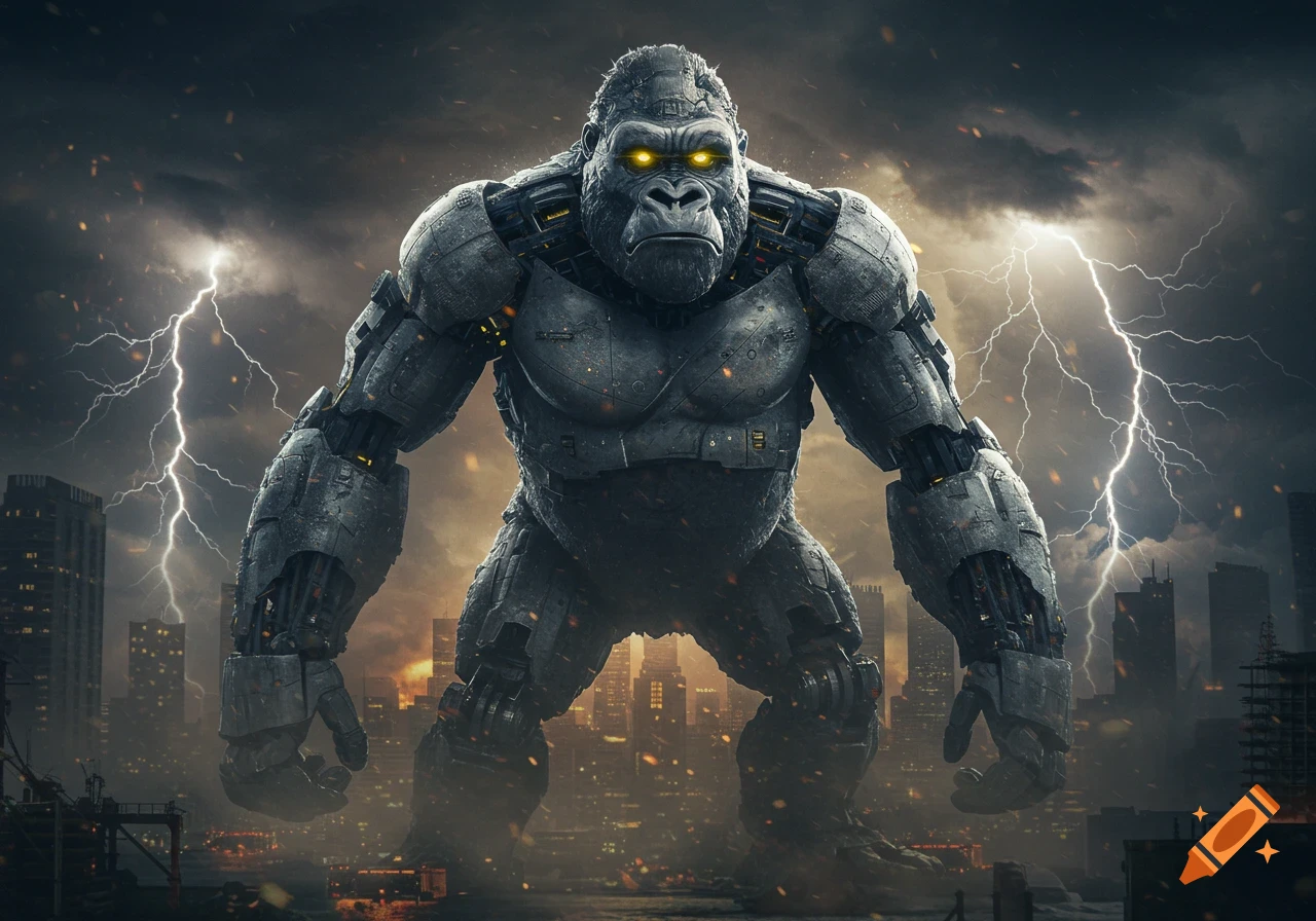 A giant silver robotic gorilla with glowing yellow eyes stands amidst a lightning storm over a city skyline at dusk.