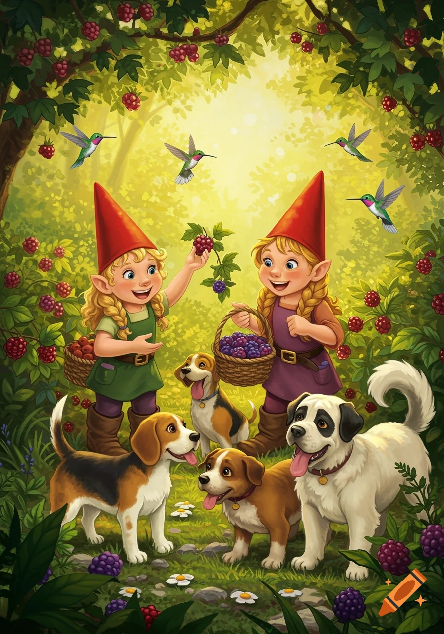 Two happy gnomes pick berries in a lush, sunlit forest with several dogs and hummingbirds in a vibrant Disney style illustration.