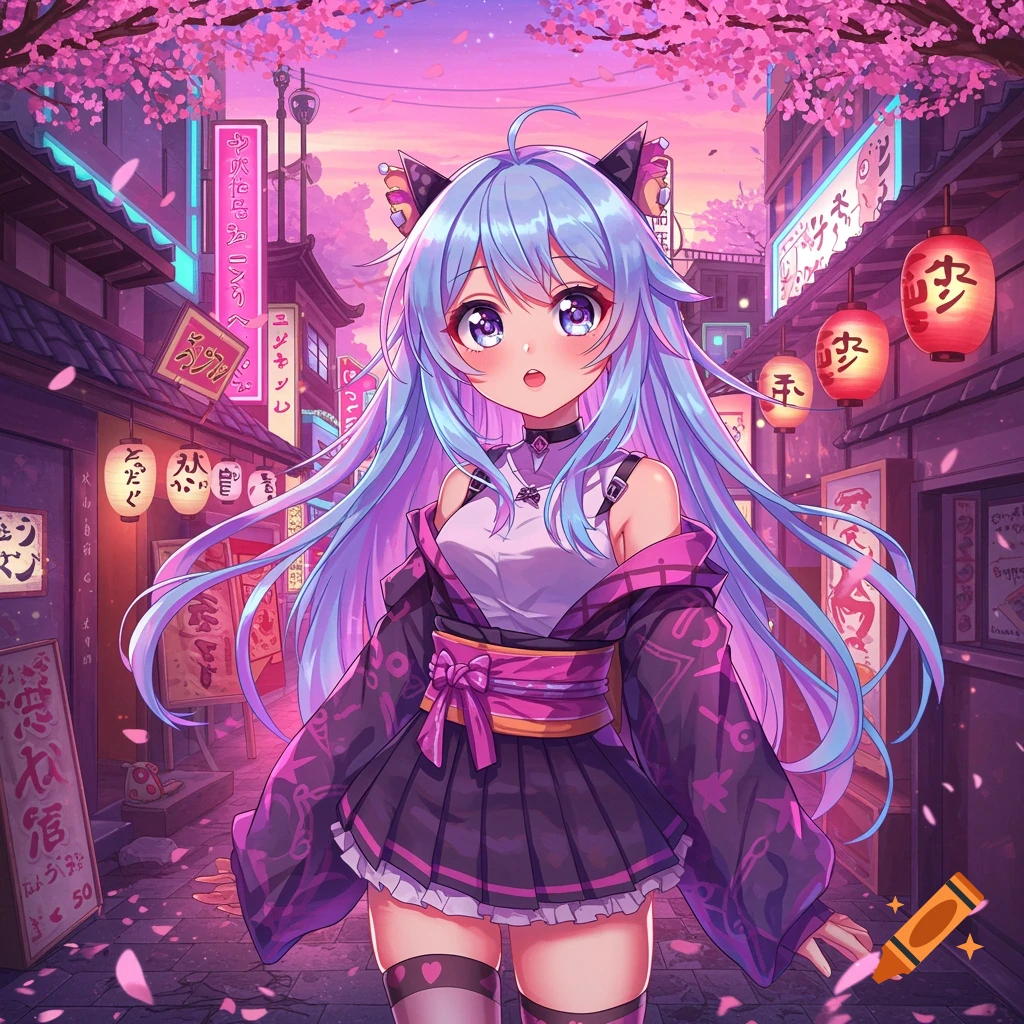 An anime girl with blue hair and cat ears stands in a vibrant pink and purple Japanese street with cherry blossoms and glowing lanterns.