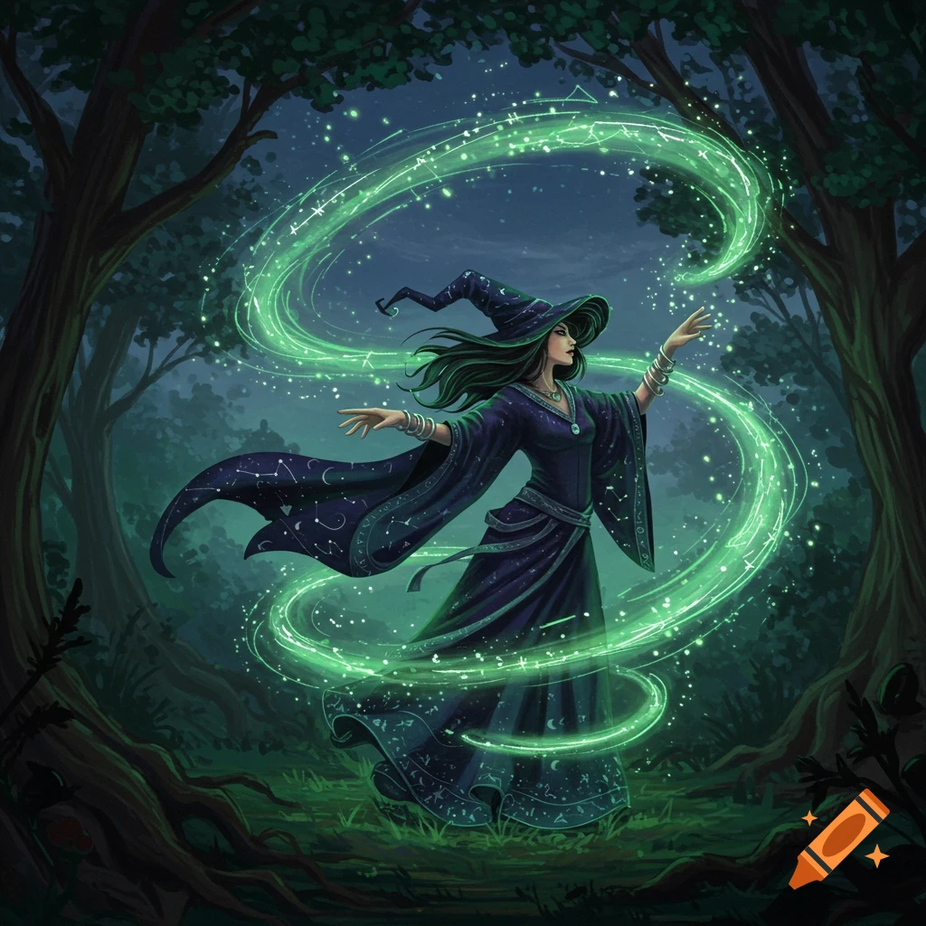 A dark-haired witch in a purple hat and robe casts a green spell in a mystical, moonlit forest, surrounded by swirling light.