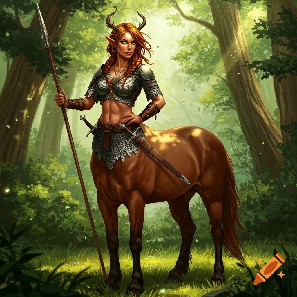 A female centaur with reddish-brown hair, green eyes, deer-like horns, and pointed ears, wearing chainmail and holding a javelin, with a rapier at her side, stands in a forest.