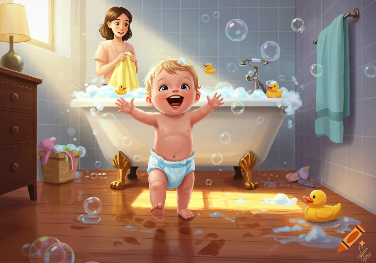 A happy, laughing baby in a diaper stands in a bubble-filled bathroom with their mother in the background, illustrated style.