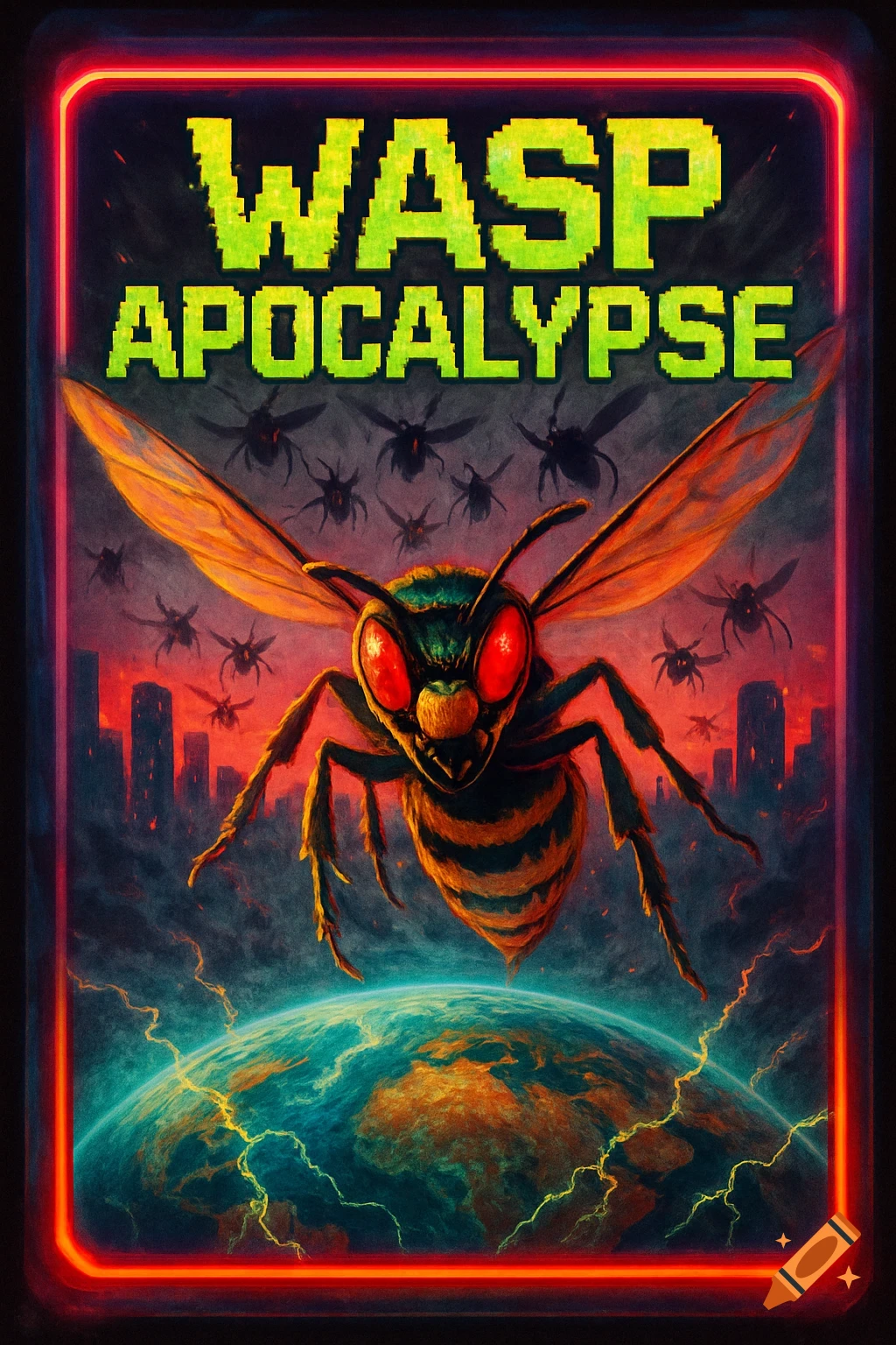 A giant menacing wasp with red eyes hovers over Earth and a city skyline, with 'WASP APOCALYPSE' in pixel art. Retro arcade game style.